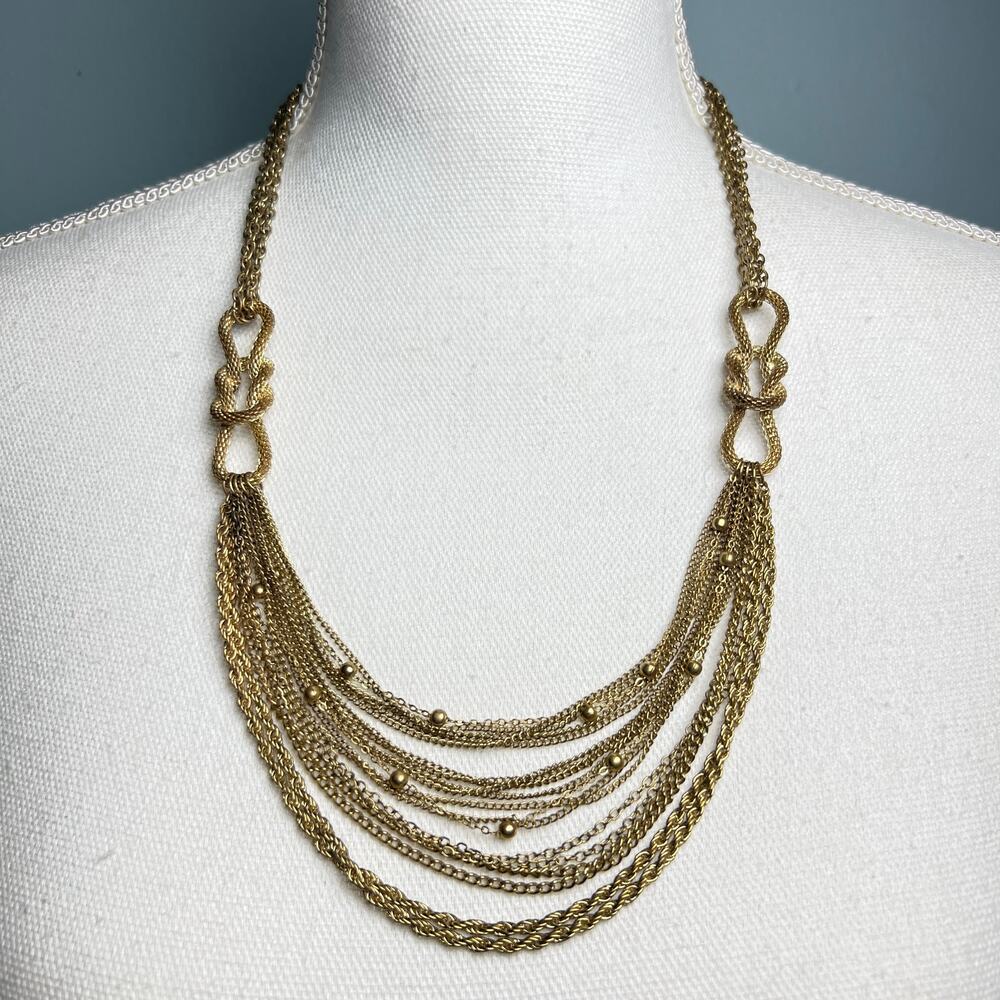 Vintage 1980s Liquid Gold Multi Strand Bib Necklace Nautical Knot Waterfall